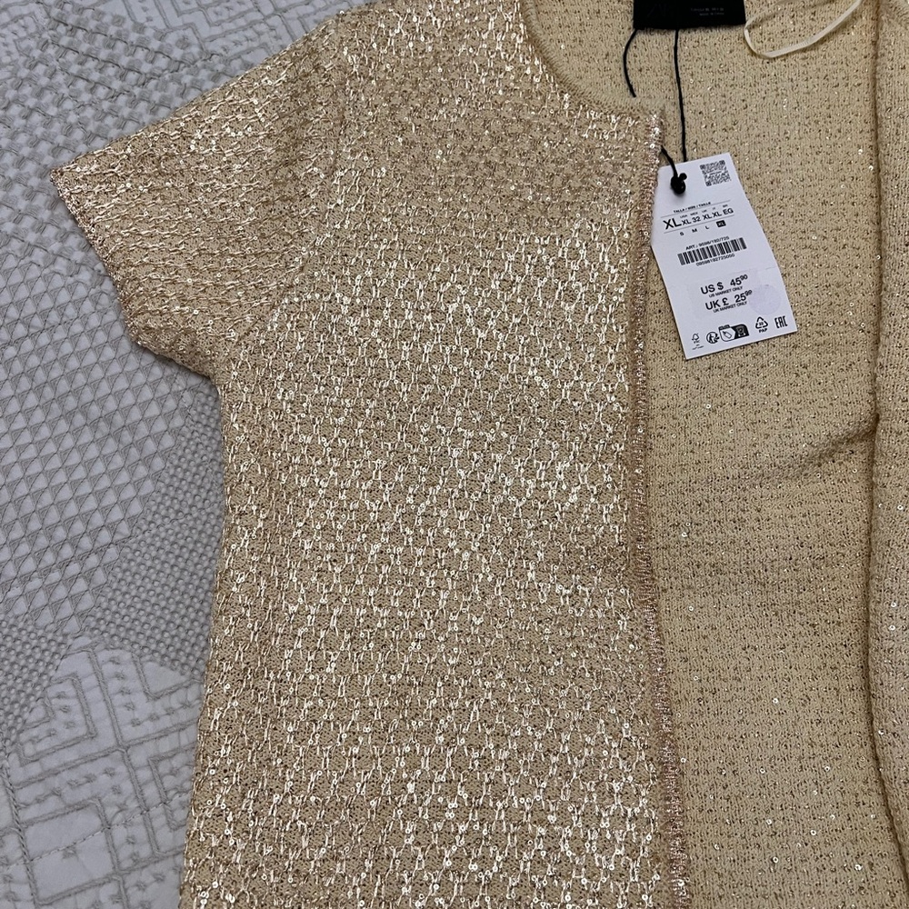 Zara Metallic Gold Short-Sleeve Open Cardigan size XL - Picture 5 of 7